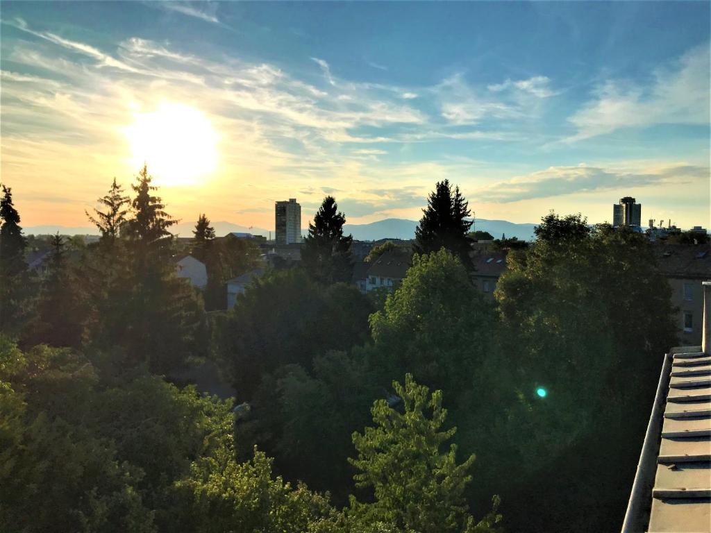 a sunset over a city with trees and buildings at Calme Lumineux Spacieux Accueillant in Mulhouse