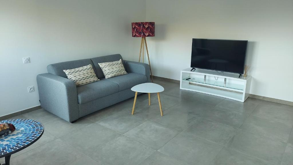 Μια τηλεόραση ή/και κέντρο ψυχαγωγίας στο Appartement neuf à 5 min de la plage et de l'aéroport