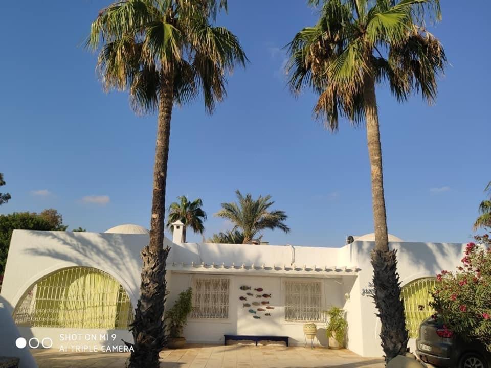 a white house with palm trees in front of it at RESIDENCE DAR YASMINa in Mezraya