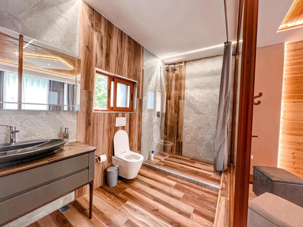 a bathroom with a toilet and a sink and a shower at Logu i Harushave in Theth