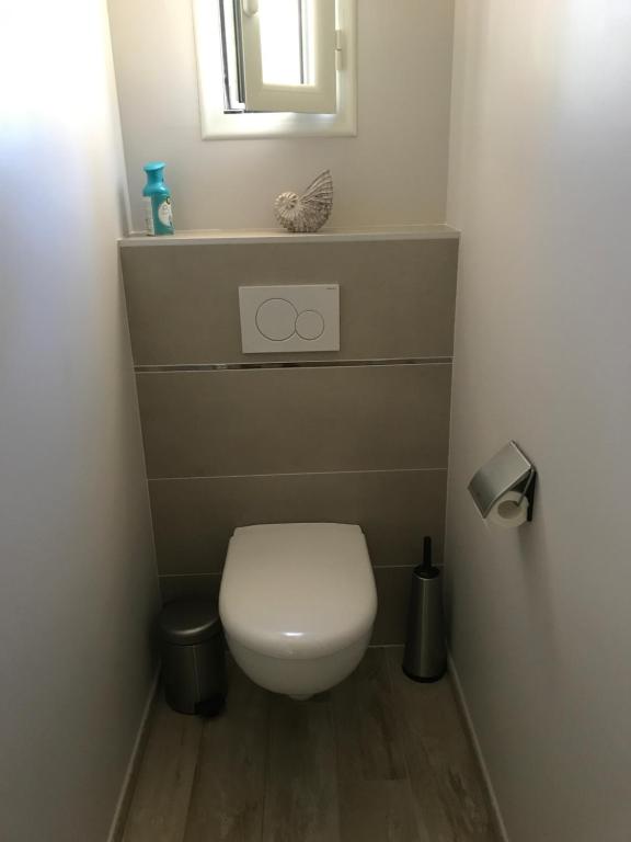 a small bathroom with a toilet and a mirror at Villa les Chardons in La Baule-les-Pins