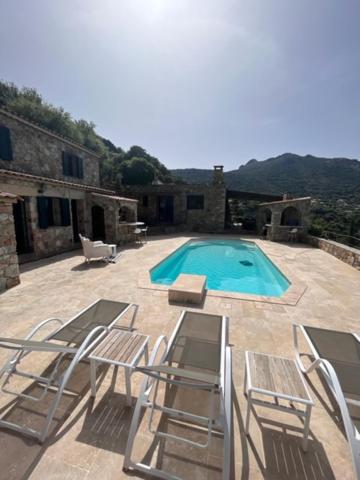 uma piscina com duas cadeiras e um grupo em A Casa di Furtunatu em Santa-Reparata-di-Balagna