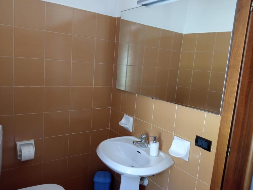 ein Bad mit einem Waschbecken und einem Spiegel in der Unterkunft Supercentral one room flat, 16 min to Bergamo airport in Alzano Lombardo