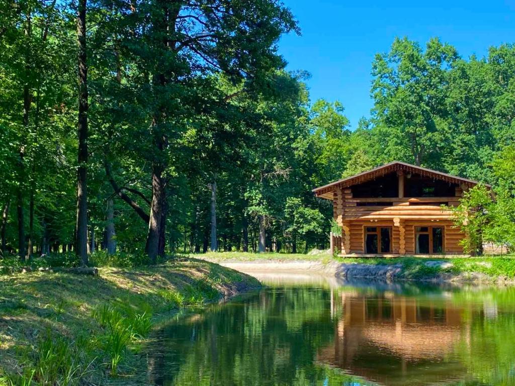 a log cabin in the woods next to a river at Complex MAYARIV in Mar'yanovka