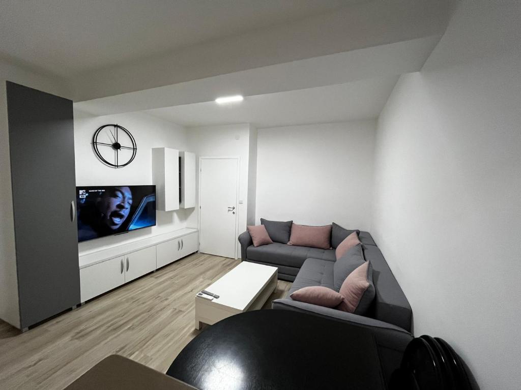 een woonkamer met een bank en een tv bij Stefanoski Apartments in Skopje