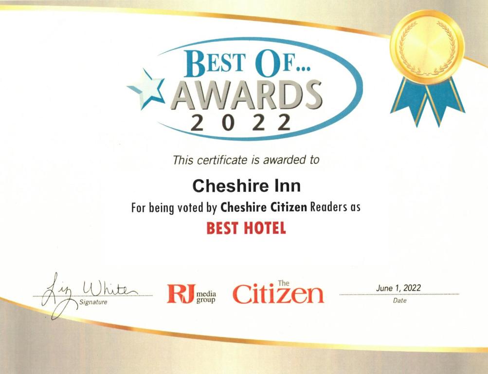 a winning certificate for the best of awards at Cheshire Welcome Inn in Cheshire