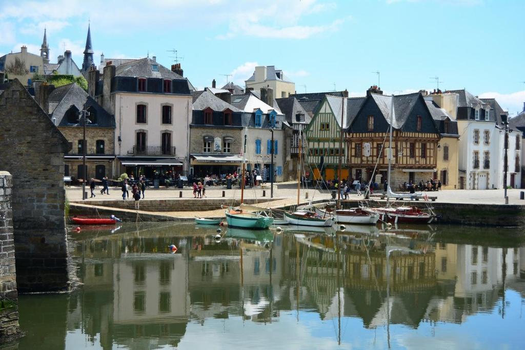 une ville avec des bateaux dans l'eau et des bâtiments dans l'établissement Très bel Appartement avec superbe vue sur le Port de Saint Goustan, à Auray