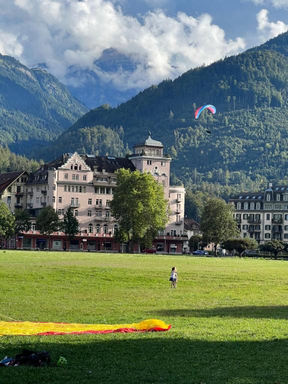 a person standing in a field flying a kite at SAVOY 26 in Interlaken