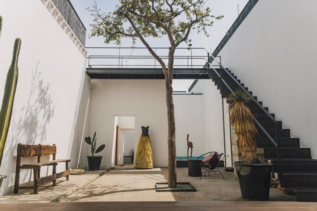 a house with a staircase and plants in a courtyard at Casa Carmen Morelos in Oaxaca City
