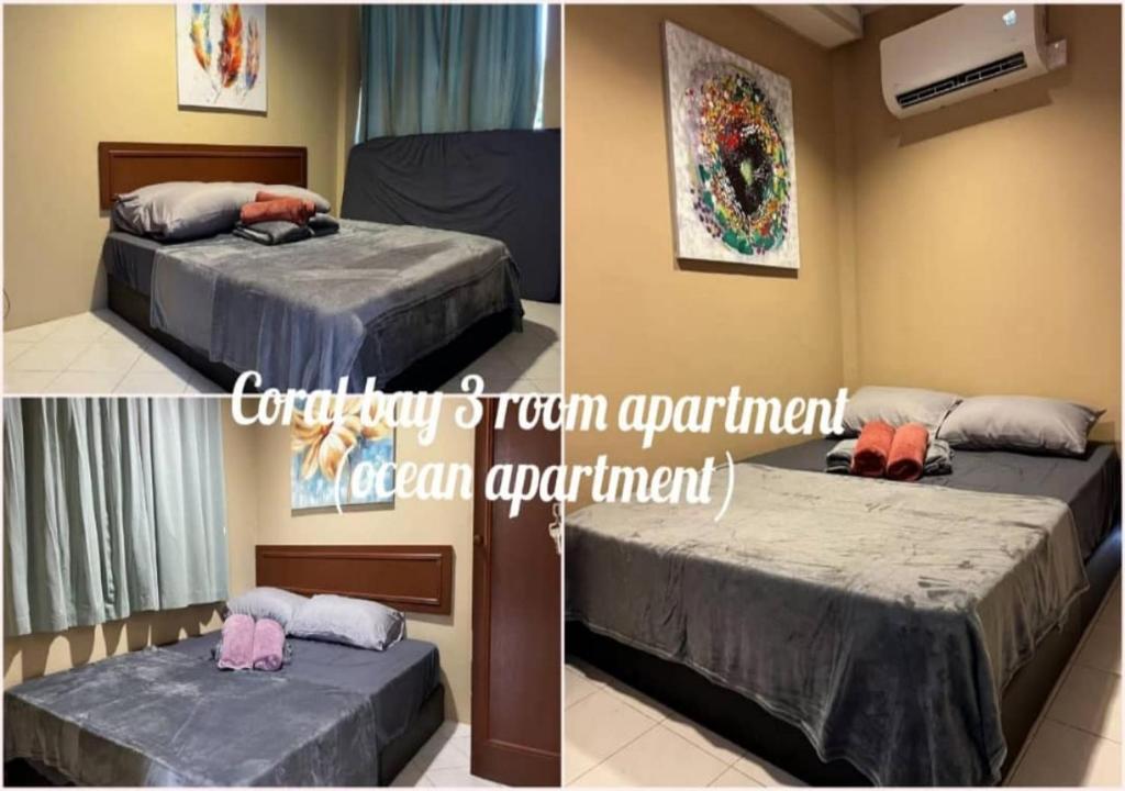 two pictures of a room with two beds in it at CORAL BAY APARTMENT 3room (Ocean apartment) in Pangkor