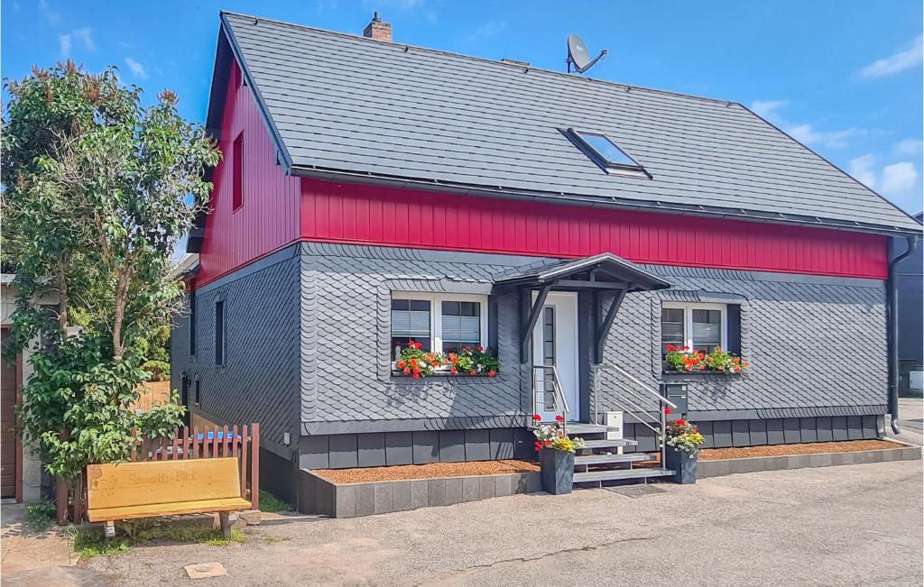 Steinheid的住宿－Stunning Home In Neuhaus A,r, Ot Steinh With Kitchen，红色灰色的房子,窗户上有鲜花