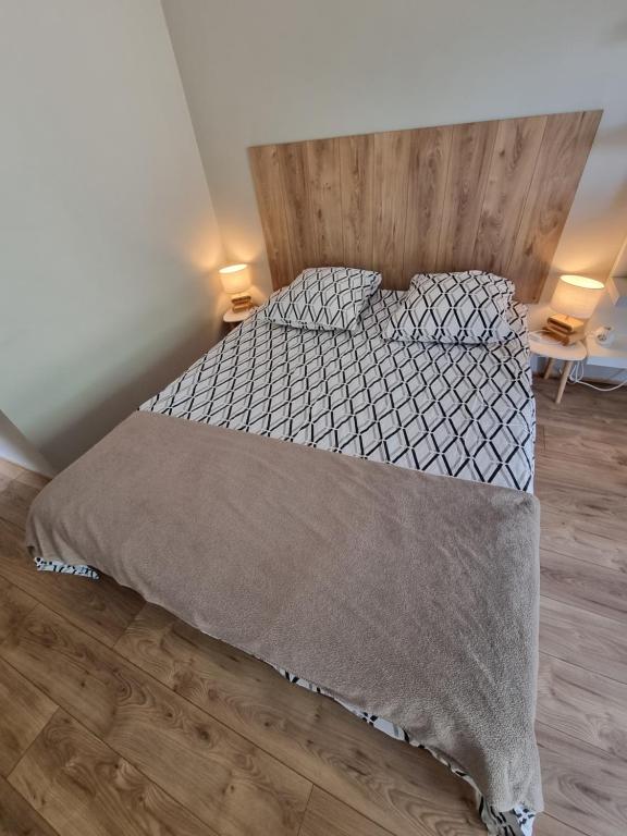 ein Schlafzimmer mit einem Bett mit einer Decke und 2 Lampen in der Unterkunft Au Jardin de la Saudrune in Villeneuve-Tolosane
