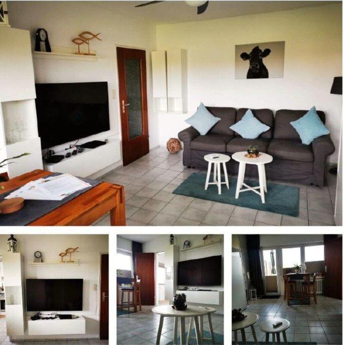 two pictures of a living room with a couch at Deichwohnung Strandweg 7 in Friedrichskoog-Spitze