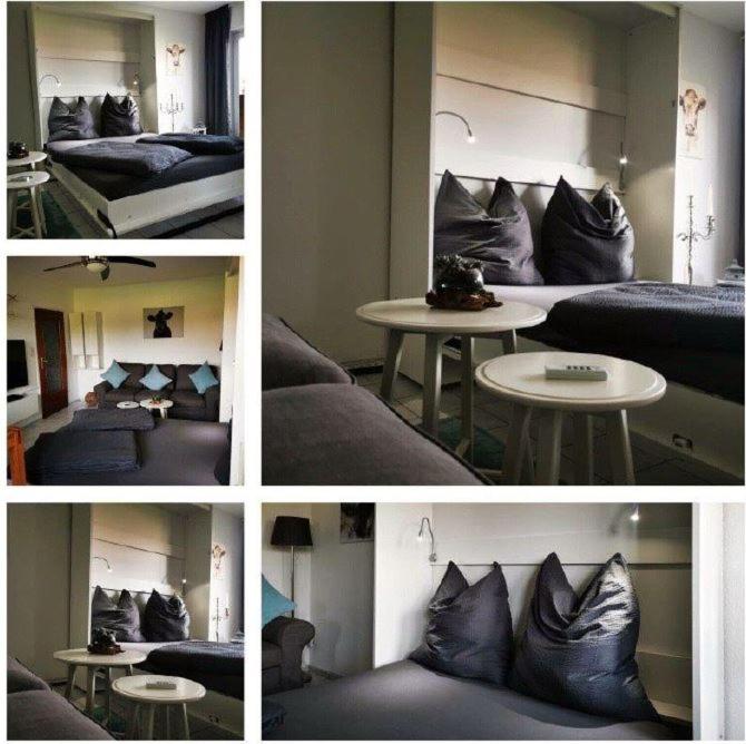 four pictures of a room with a bed and a table at Deichwohnung Strandweg 7 in Friedrichskoog-Spitz