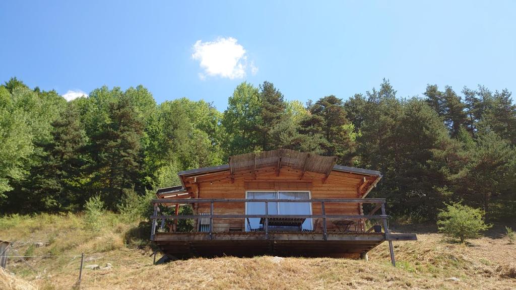 eine Hütte auf einem Hügel mit Bäumen im Hintergrund in der Unterkunft Les Chatcureuils in Montclar