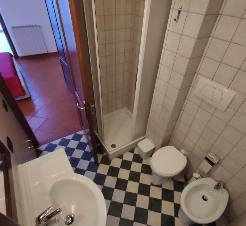 a bathroom with a shower and a toilet and a sink at M & M Pinzi Suite Apartment in Montepulciano Stazione