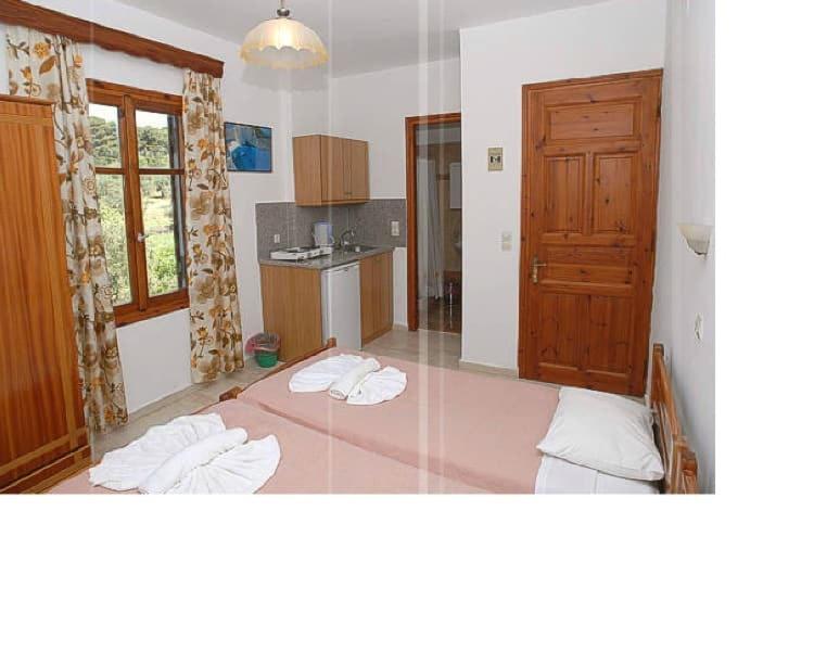 een grote kamer met een keuken met een deur en een kamer met bij Molyvos Stars Apartments in Mithimna