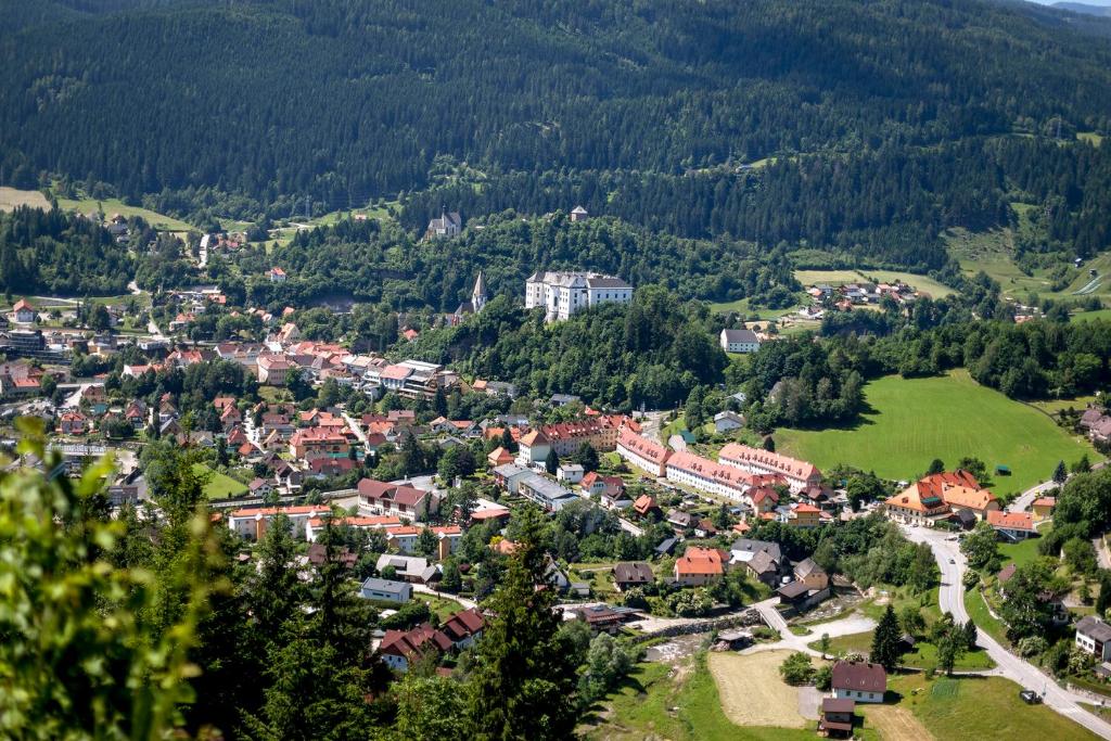 an aerial view of a small town in a forest at Studio Loft Murau - im Herzen der Altstadt in Murau