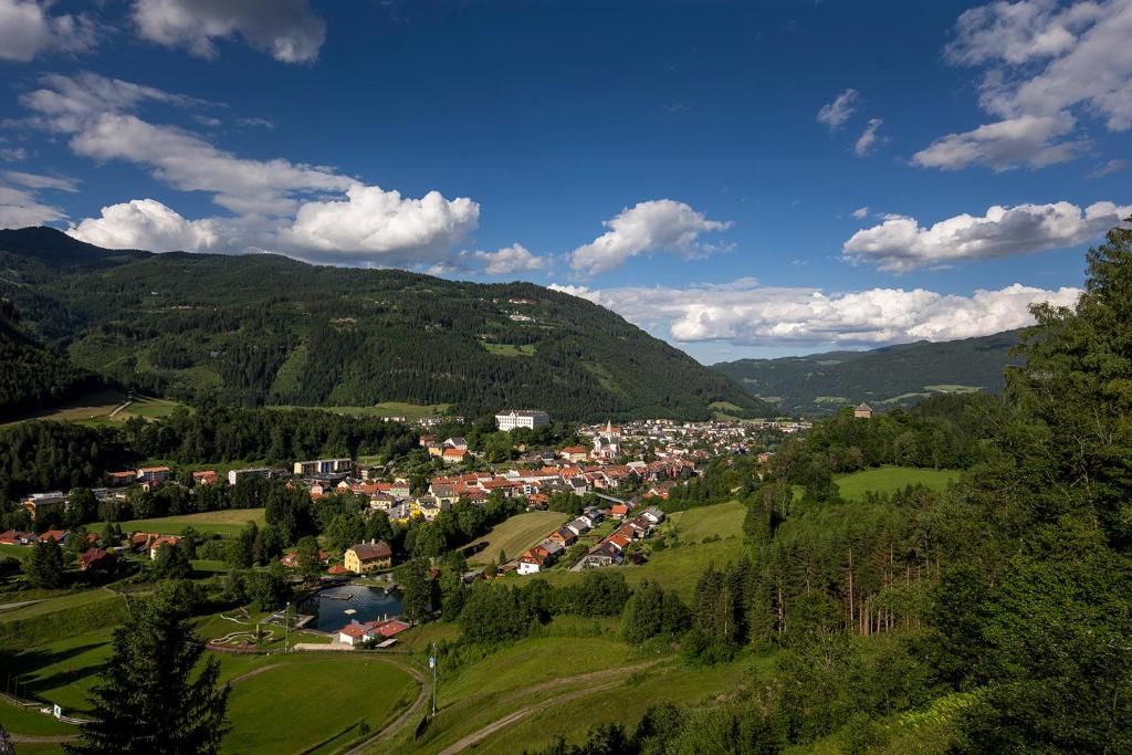 a town in the middle of a valley with mountains at Studio Loft Murau - im Herzen der Altstadt in Murau