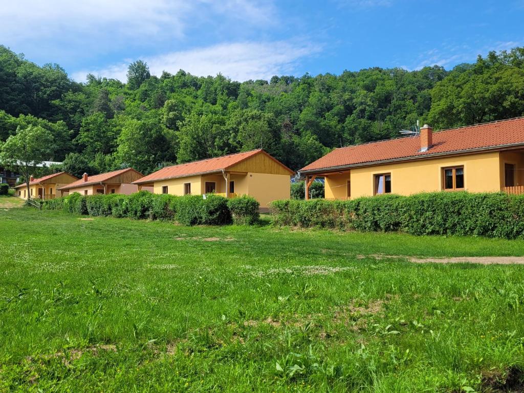 une rangée de maisons dans un champ d'herbe dans l'établissement Chaty u Tesaru, à Bítov