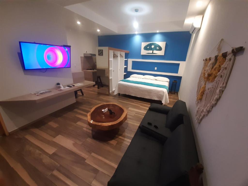 a bedroom with a bed and a tv on a wall at Hotel Boutique Casa Mariano in Tepic