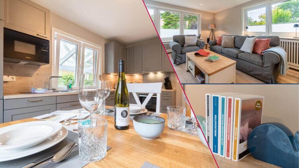 威克奧夫弗爾的住宿－Haus Bilby，厨房以及带1张带1瓶葡萄酒的桌子的起居室。