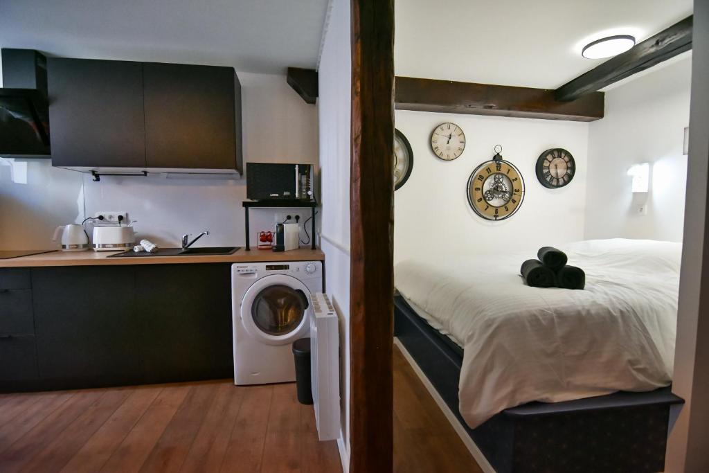 a bedroom with a bed and a washing machine at Au Fil du Temps in Sélestat