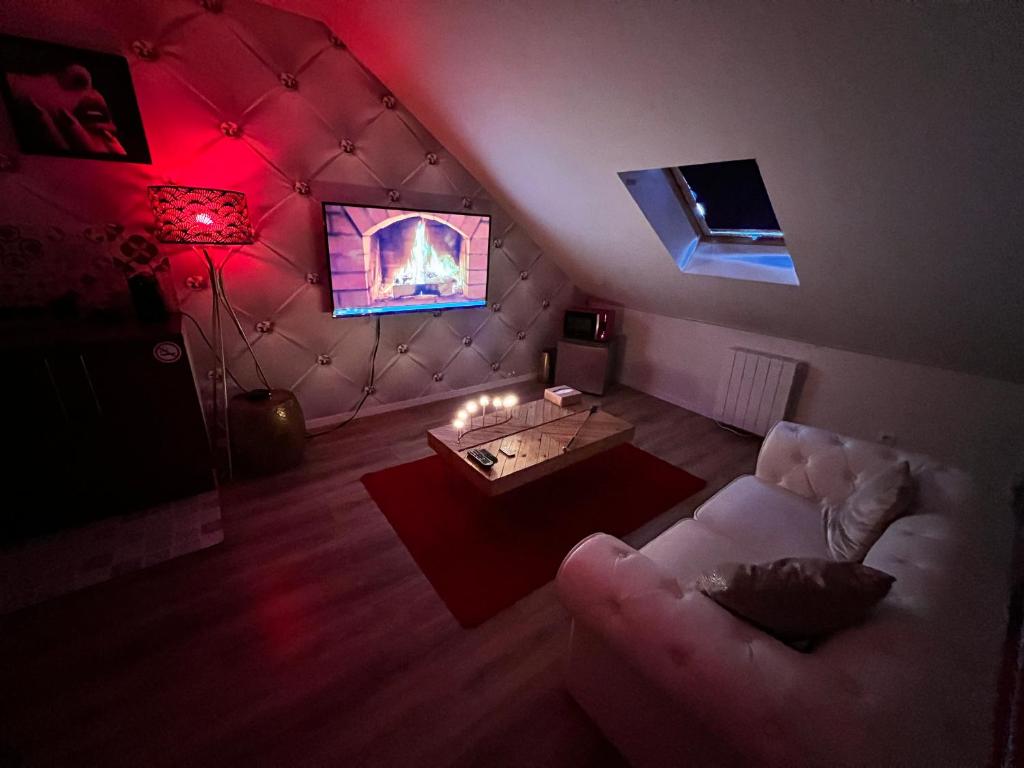 TV a/nebo společenská místnost v ubytování Redroom Loveroom Chambre Spa privative Insolite Thème 50 nuances de grey