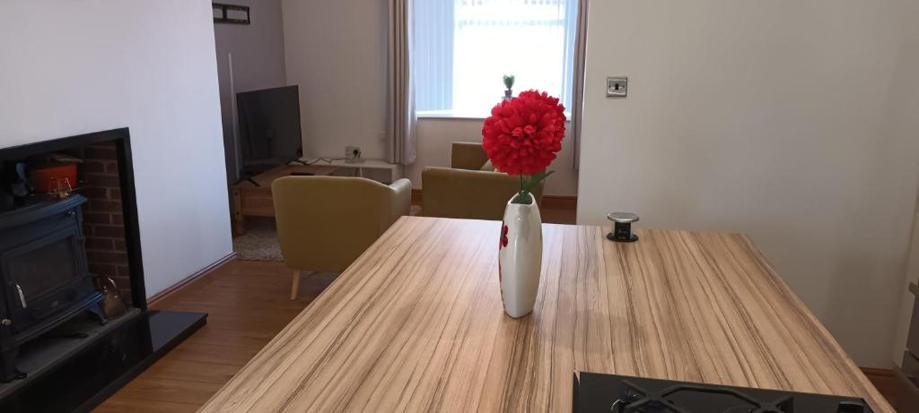 um vaso com uma flor vermelha sentada numa mesa em Modern two bedroom house near beach/ Durham City em Hawthorn