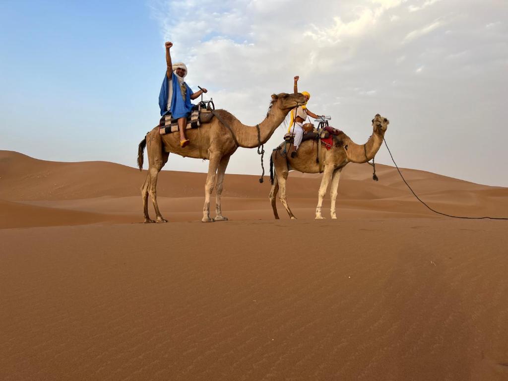 マハミドにあるErg Chegaga Camp & Activitesの砂漠のラクダの背中に乗る二人