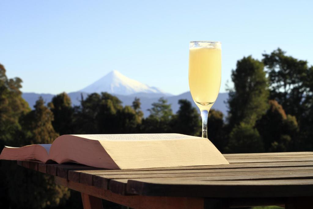 een glas wijn zittend op een tafel met een boek bij Lodge El Taique in Puyehue