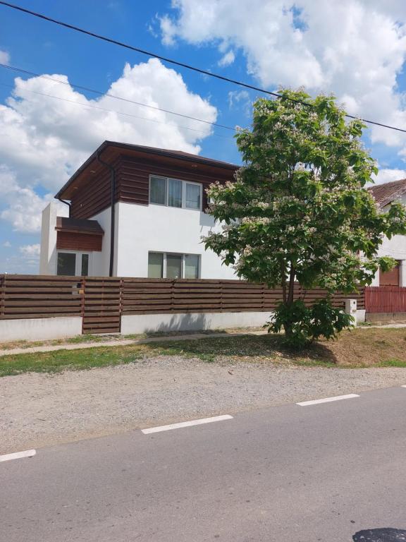 a house with a wooden fence and a tree at VILA ONIX in Săcueni