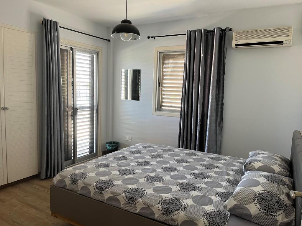 a bedroom with a bed and two windows at Luxury 3 bedroom apartment in Nicosia City Center in Nicosia