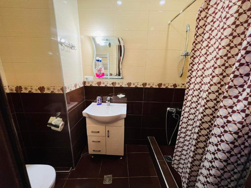 a bathroom with a sink and a toilet and a shower at Guga House in Tbilisi City