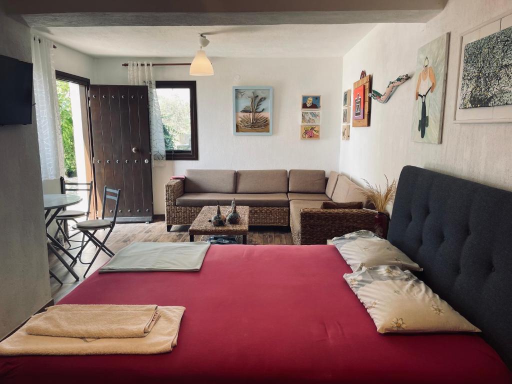 a living room with a bed and a couch at Panorama Studio Afetes in Afétai