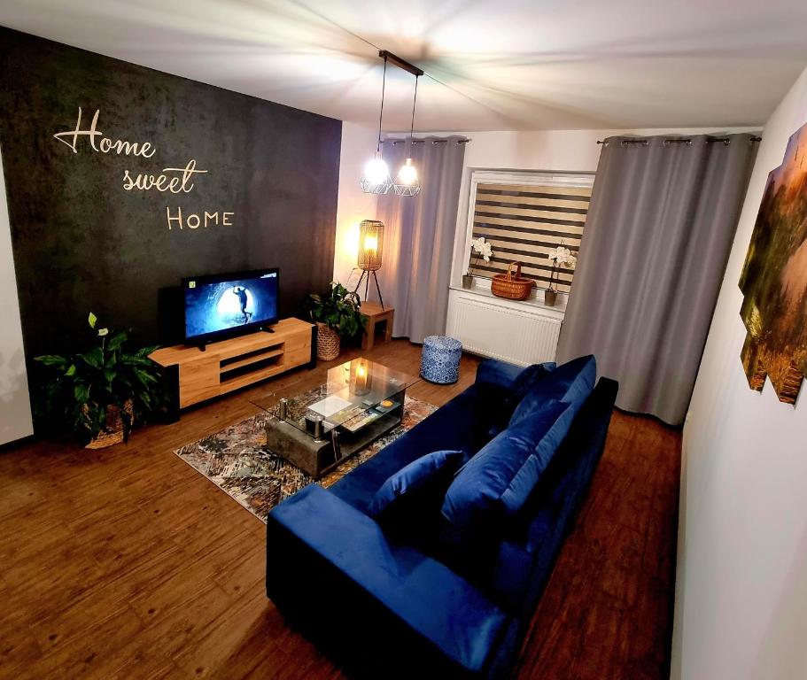 a living room with a blue couch and a tv at Apartament 'U PODNÓŻA GROMADZYNIA' in Ustrzyki Dolne