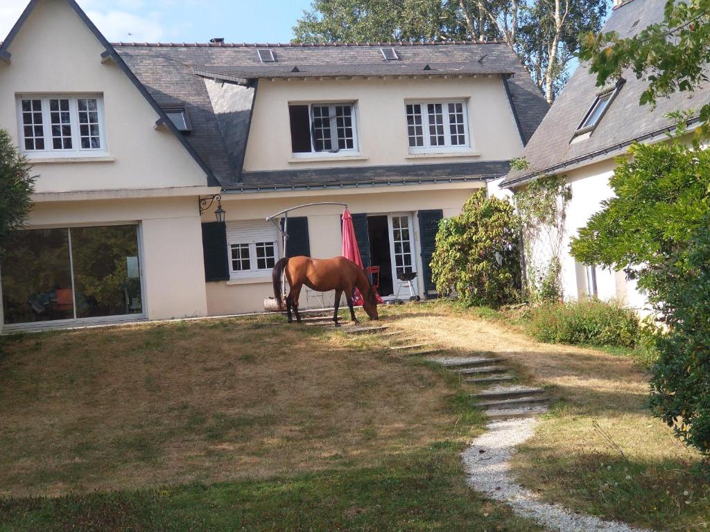 a horse grazing in front of a house at La Fantasia in Saint-Sylvain-dʼAnjou