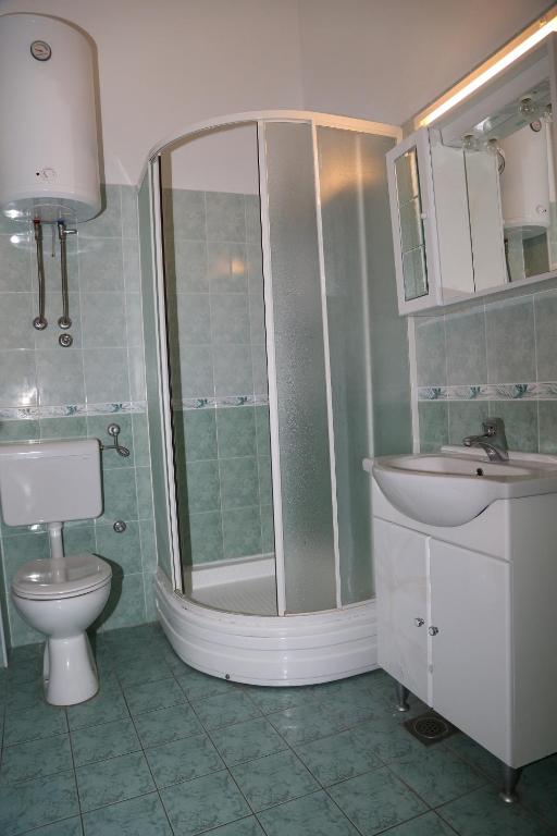 łazienka z prysznicem, toaletą i umywalką w obiekcie Apartments by the sea Milna, Hvar - 12244 w mieście Milna