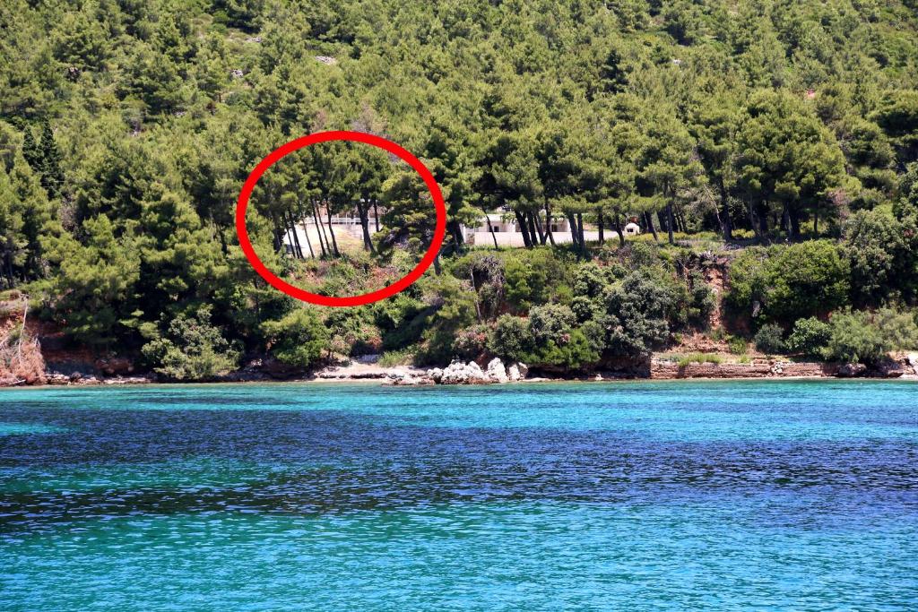 un círculo rojo en medio de un cuerpo de agua en Apartments by the sea Zuljana, Peljesac - 10233, en Žuljana