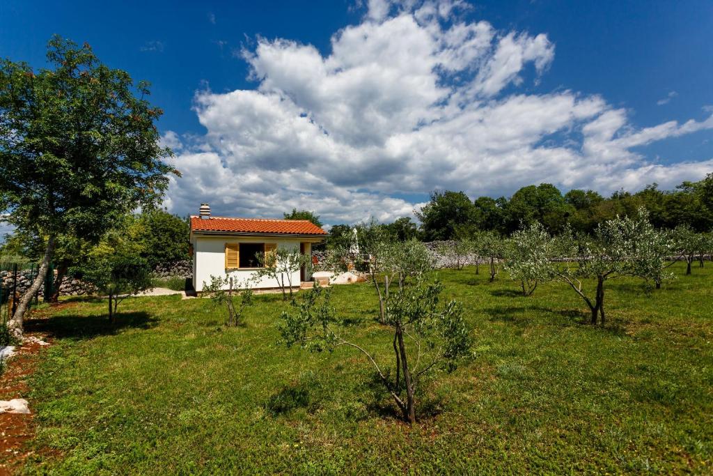 a small white house in a field with trees at Secluded holiday house Milovcici, Krk - 14604 in Malinska