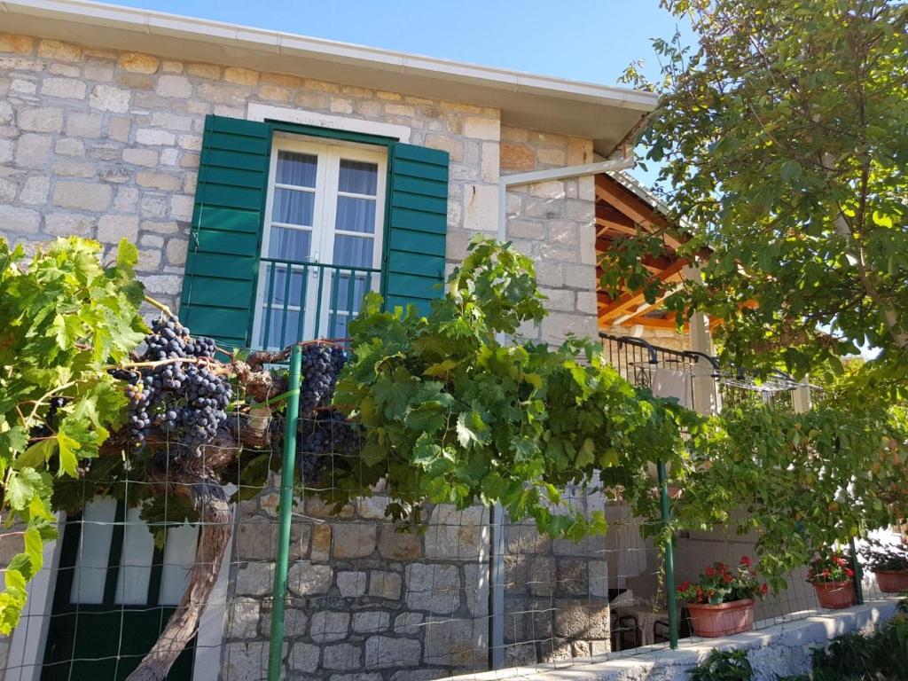 a house with a green window and a bunch of grapes at Apartments by the sea Postira, Brac - 14822 in Postira