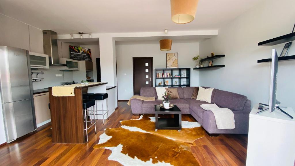 魯容貝羅克的住宿－Apartment Mira，客厅配有沙发和桌子