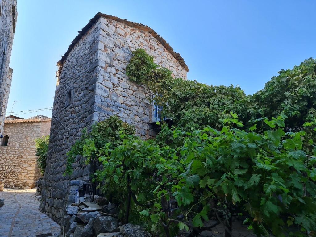 an old stone building with vines growing on it at Traditional Stone House in Láyia