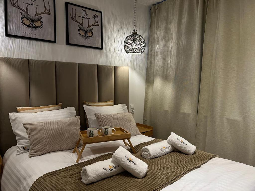 a bedroom with two beds with pillows and a table at Apartament Dzika Natura in Szczawnica