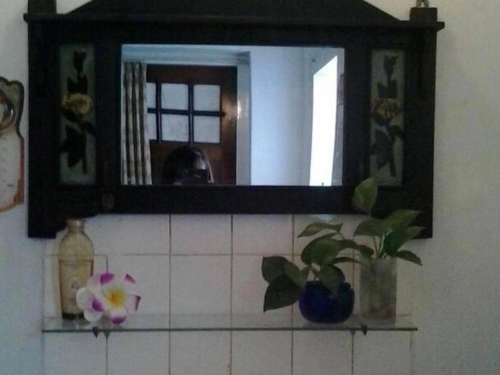Room in BB - villas in batu indonesia homestay في Kotalama: مرآة على جدار مع نبات على رف