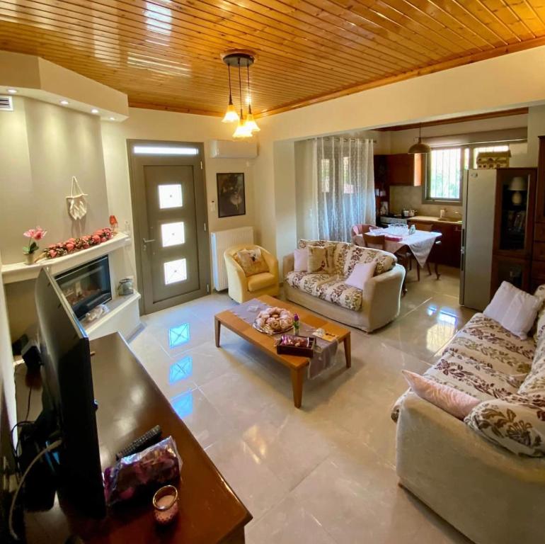 a living room with a couch and a tv in it at Malatadas apartment in Lagópodhon