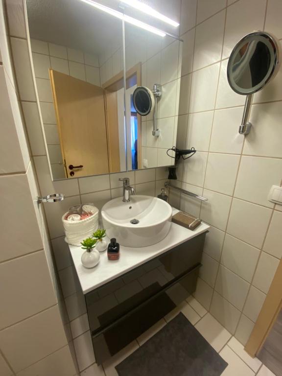 a bathroom with a sink and a mirror at Residenz Lisa- Wohnen auf Zeit in Aichtal 