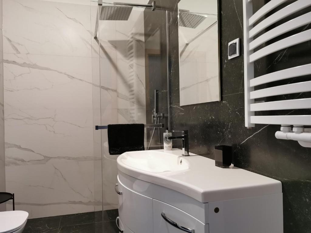 a bathroom with a toilet and a sink and a mirror at Apartament Lipska in Zamość