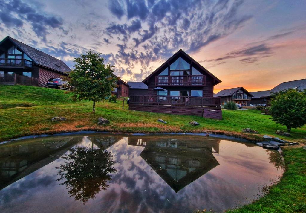 a house with a pond in front of it at Lake View Lodge in Saint Columb Major