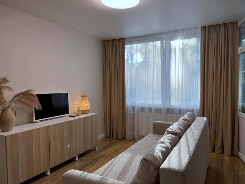 a living room with a couch and a flat screen tv at Apartment near Outlet park by URBAN RENT in Vilnius